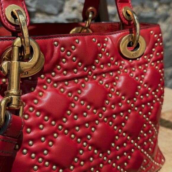 Christian Dior Red Leather Gold Studded Medium Lady Dior Bag - Picture 11 of 16